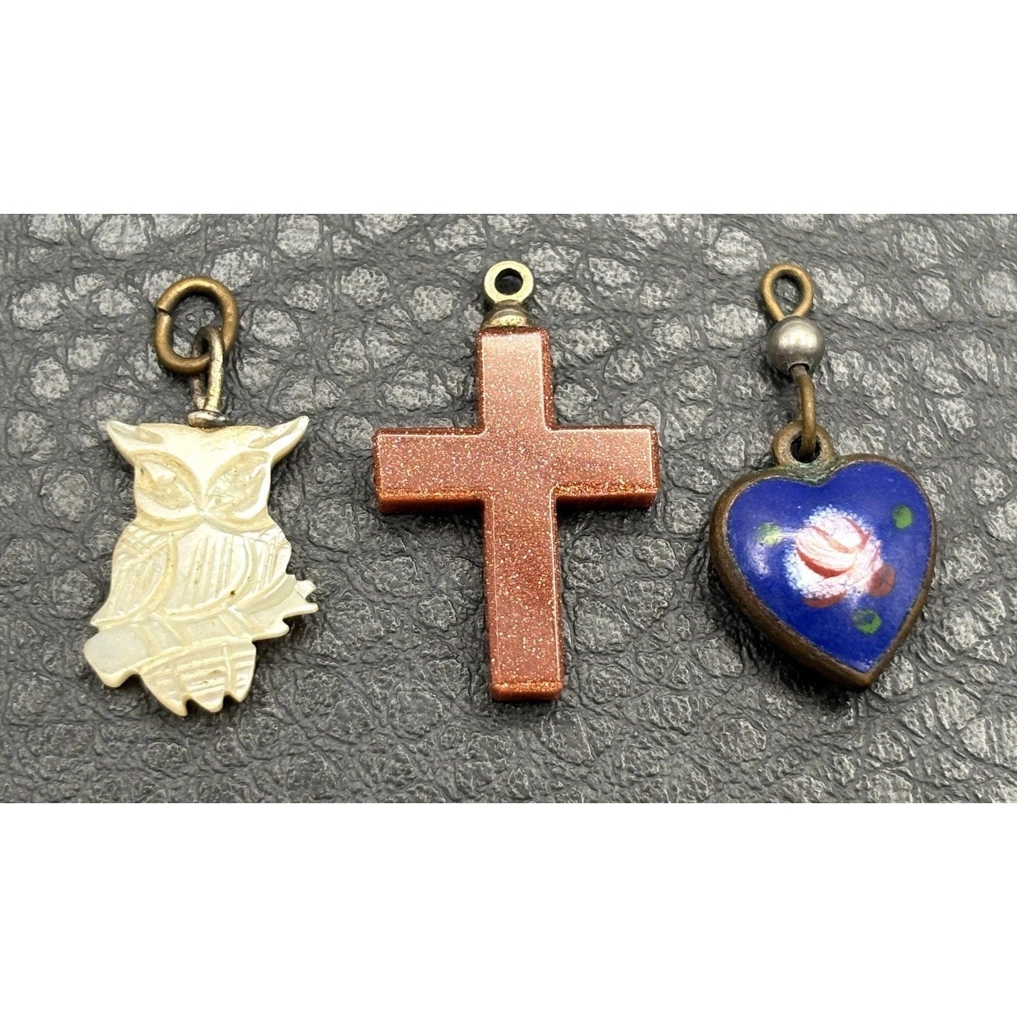 Vintage Victorian - Deco Era Charm 3 Pendant Lot - Cross Enamel Floral Heart Owl